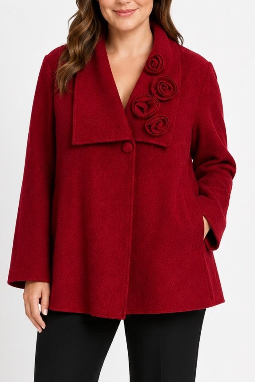 For Cynthia Vintage Pure Boiled Wool Rosette Jacket Red Plus Size 3X